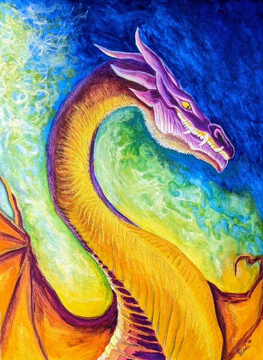 A print of my original artwork of a purple and gold dragon with  a deep blue and yellow background. The original was drawn and painted in pen , watercolor, gouache, and acrylic paint. 